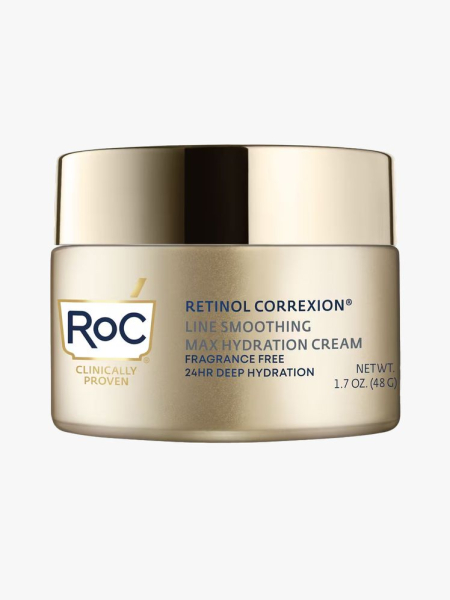 RoC Retinol Correxion Max Daily Hydration Fragrance Free Cream in branded tub component on a light gray background